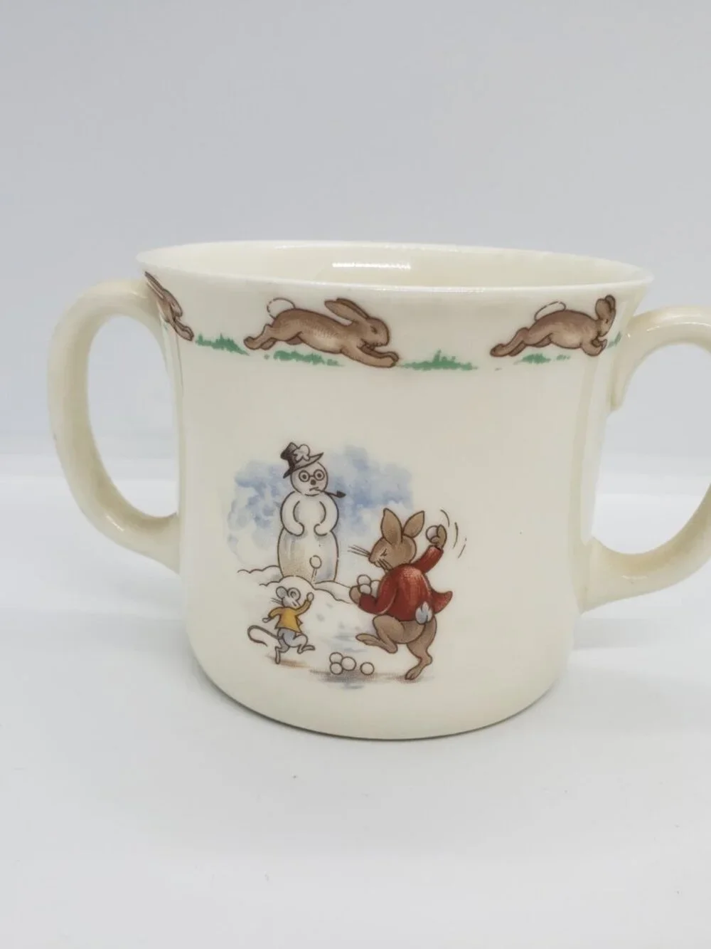 Vintage Royal Doulton Bunnykins 2 Handled Cup 6in Cereal Bowl Set Winter Xmas
